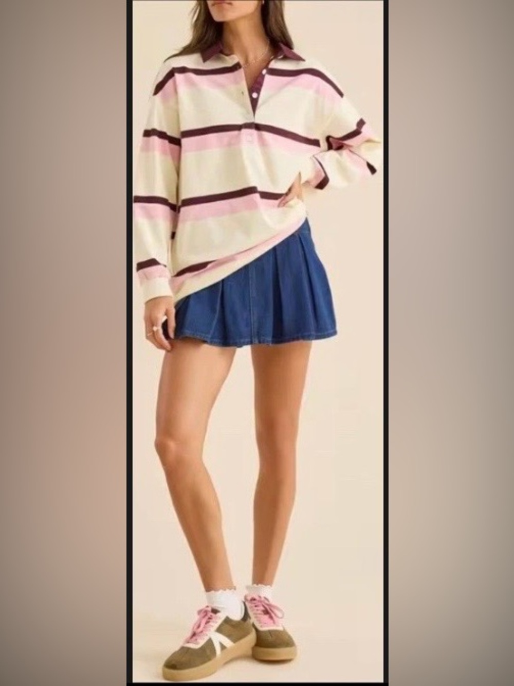 Altar’d State Oversized Striped Rugby Polo Medium Cream Pink Plum Purple NWT